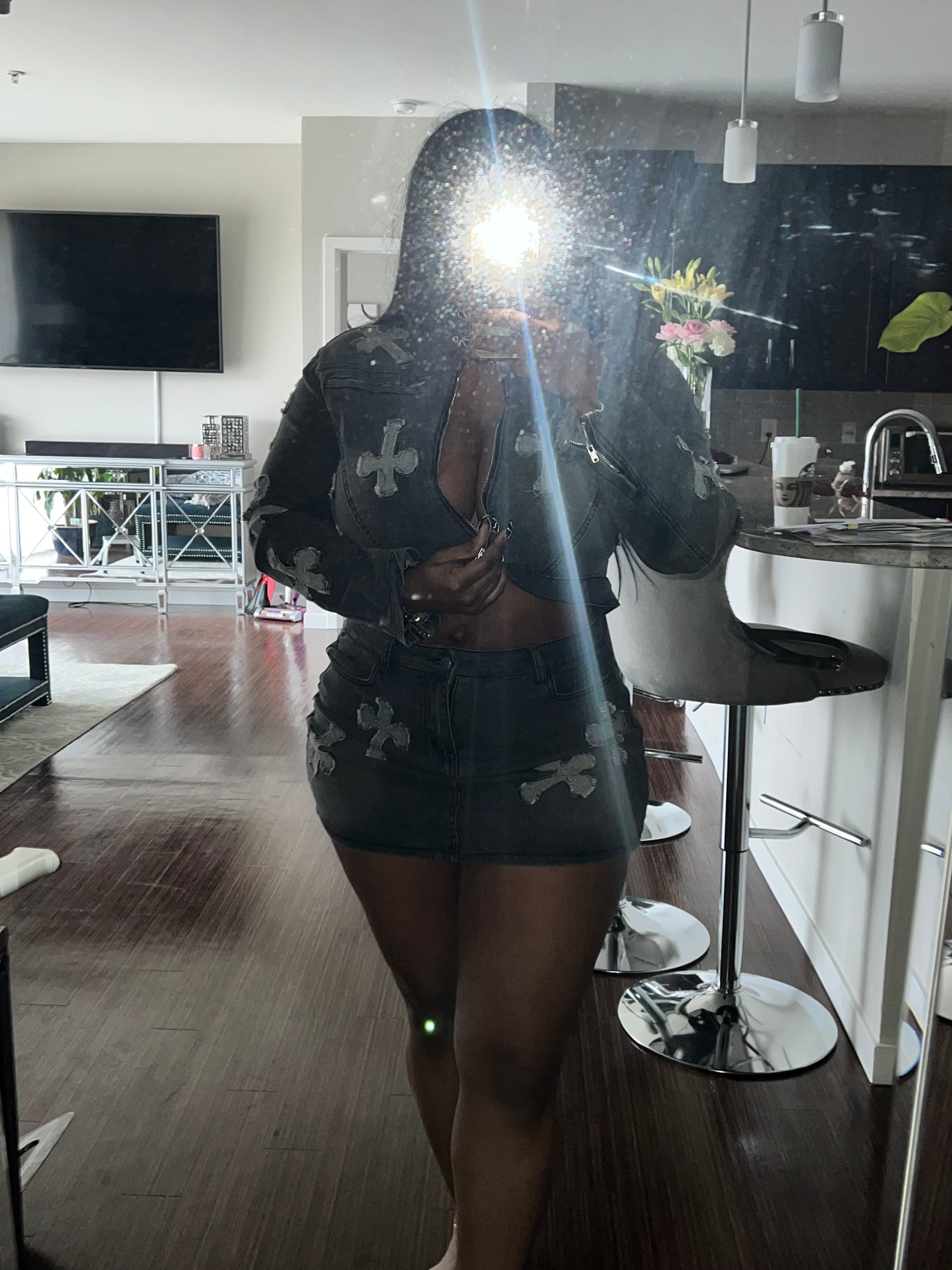 Crosses Denim Skirt and Jacket Set Cotton Spandex Comfort Denim