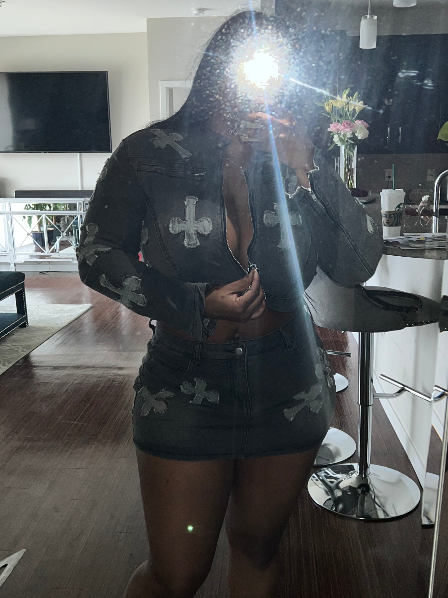 Crosses Denim Skirt and Jacket Set Cotton Spandex Comfort Denim