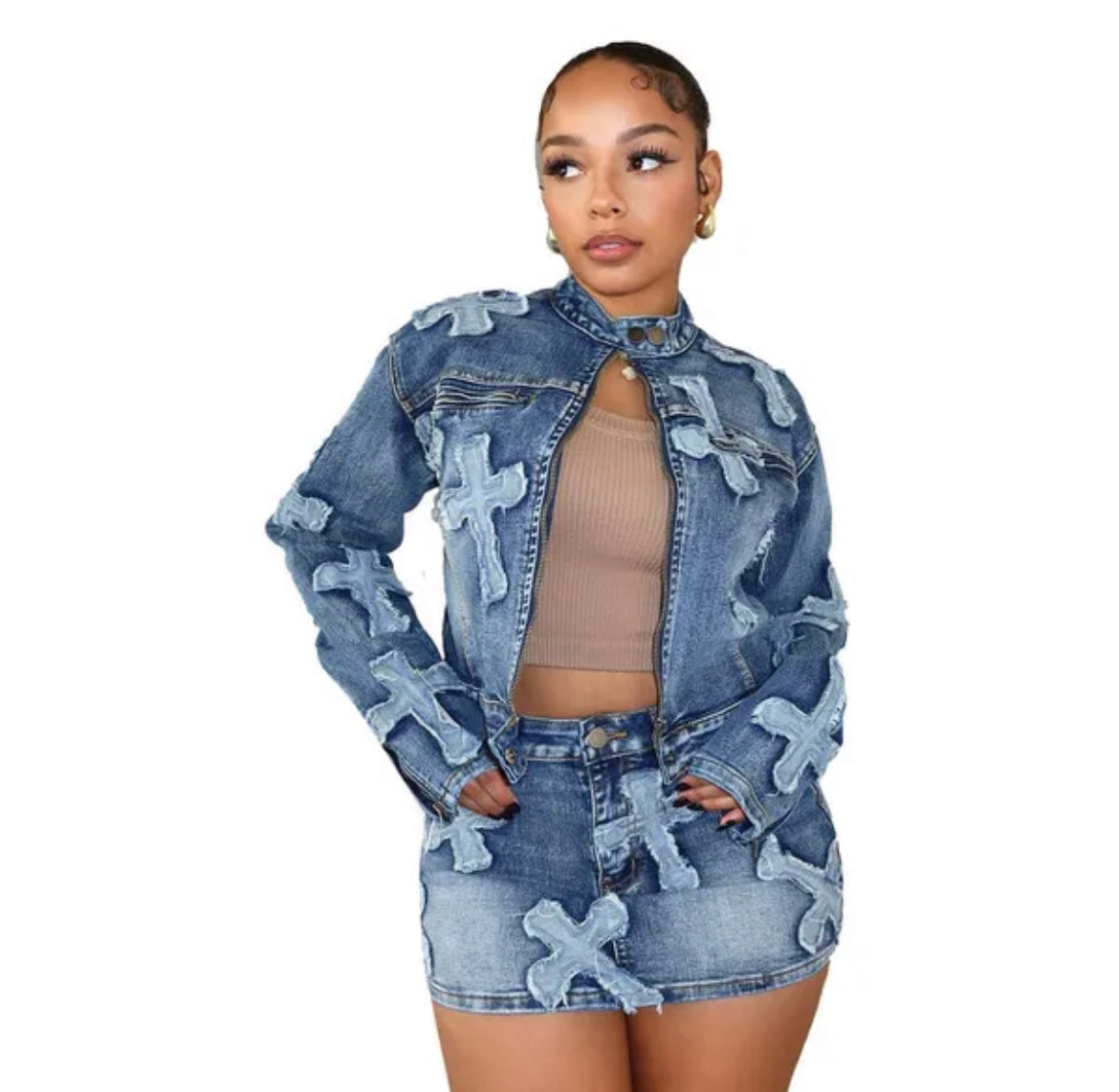 Crosses Denim Skirt and Jacket Set Cotton Spandex Comfort Denim