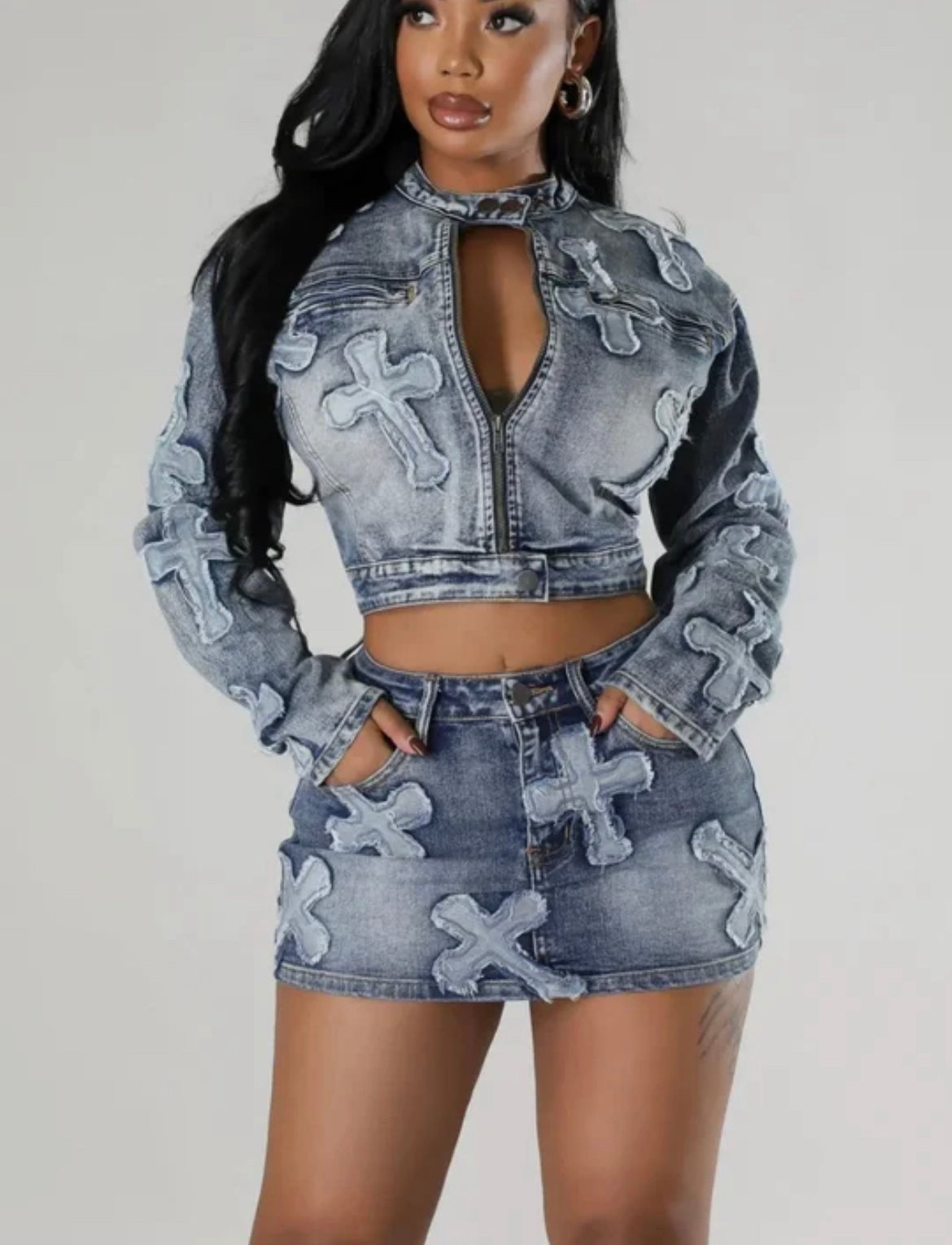 Crosses Denim Skirt and Jacket Set Cotton Spandex Comfort Denim