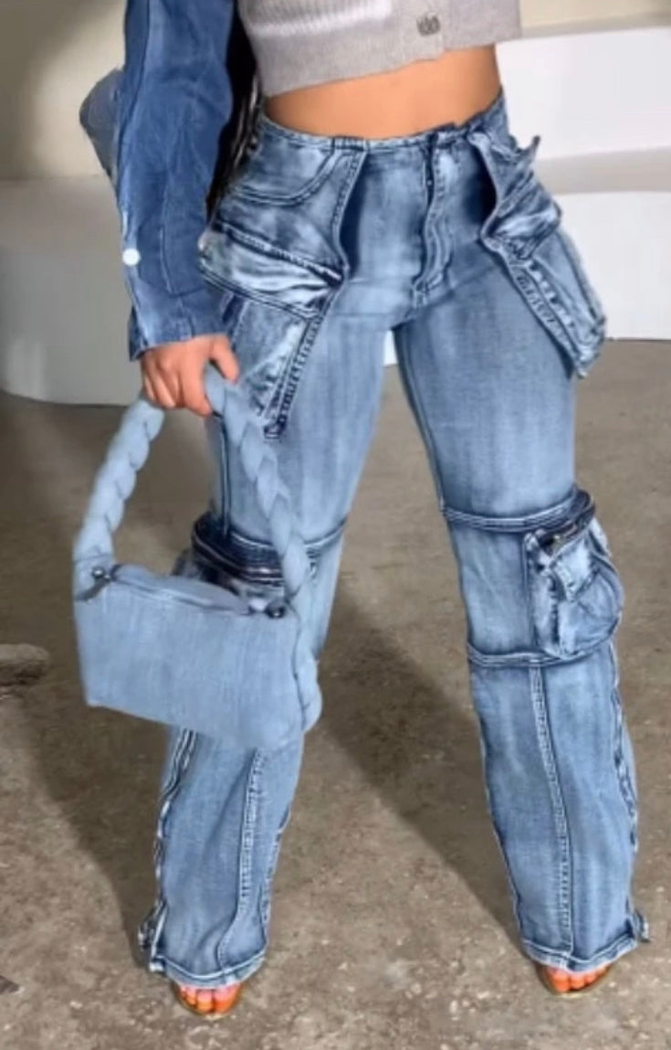 Spliced Patchwork Cargo Stretch Denim