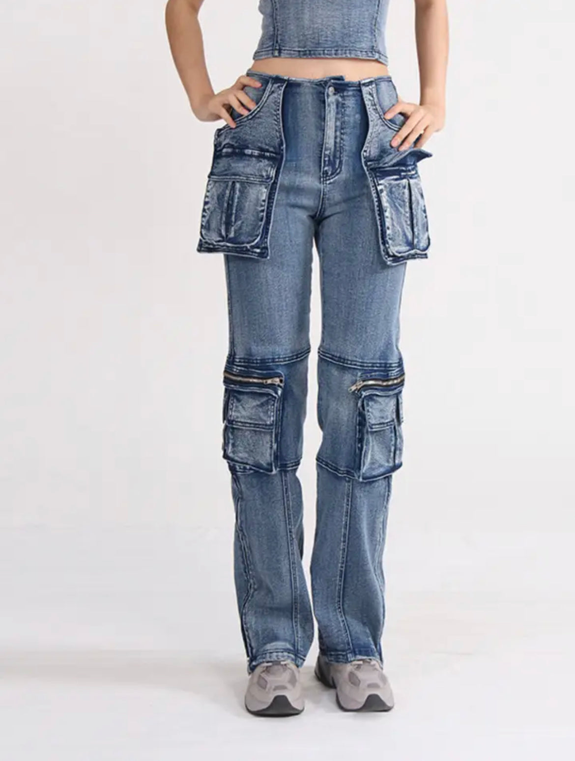 Spliced Patchwork Cargo Stretch Denim
