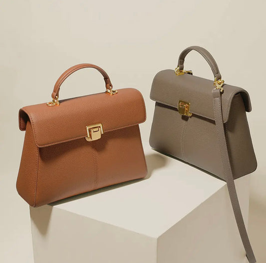 Genuine Leather Top Handle Flip Lock Handbag