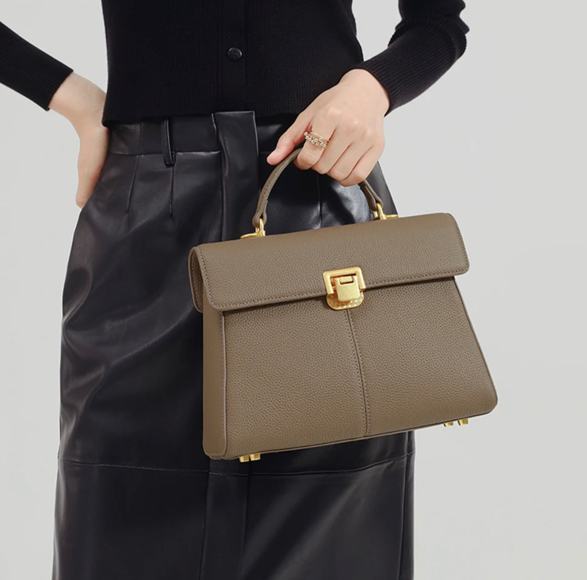 Genuine Leather Top Handle Flip Lock Handbag