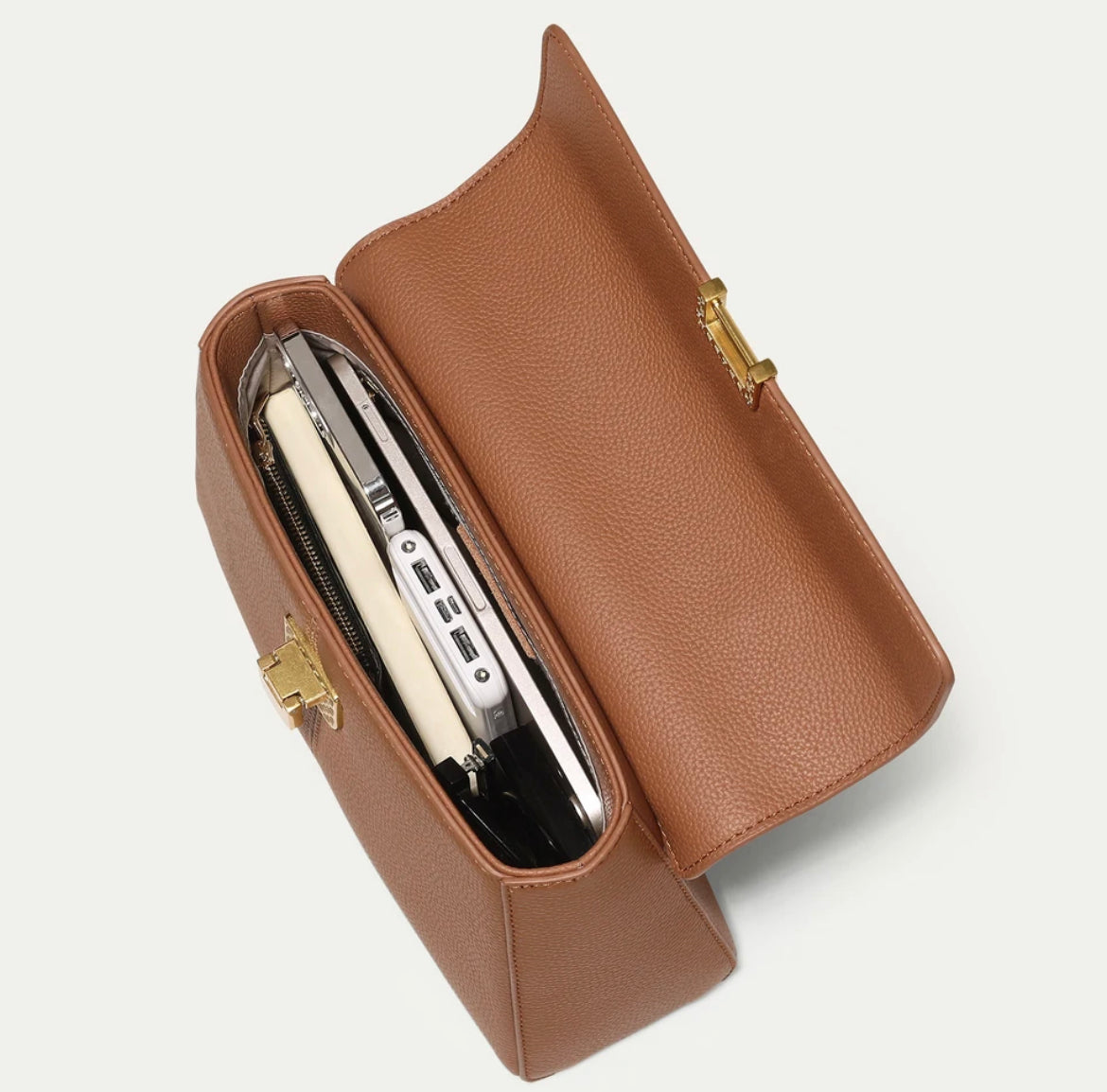 Genuine Leather Top Handle Flip Lock Handbag