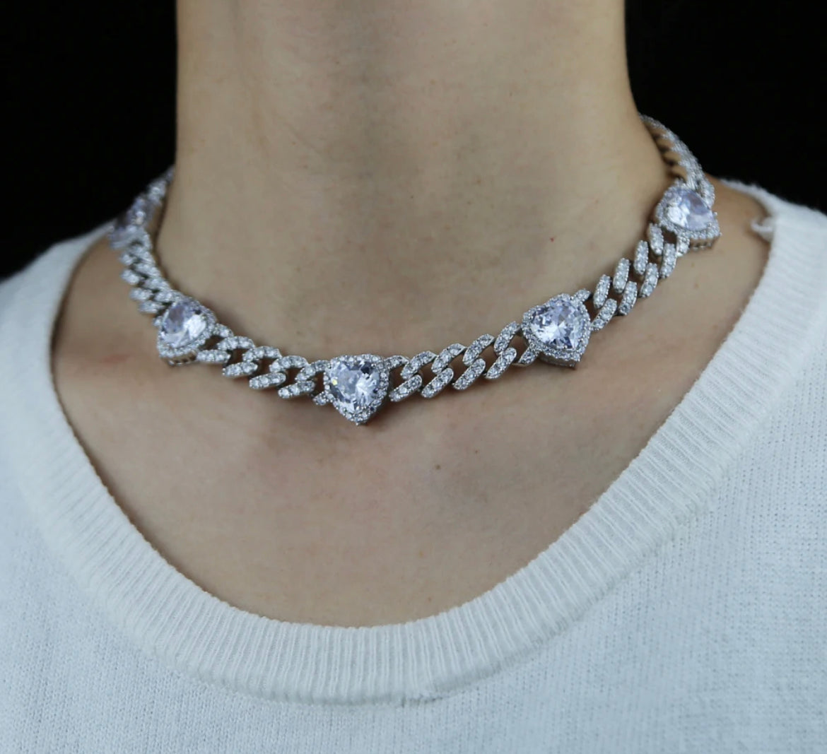 Silver Heart Cuban Link Choker